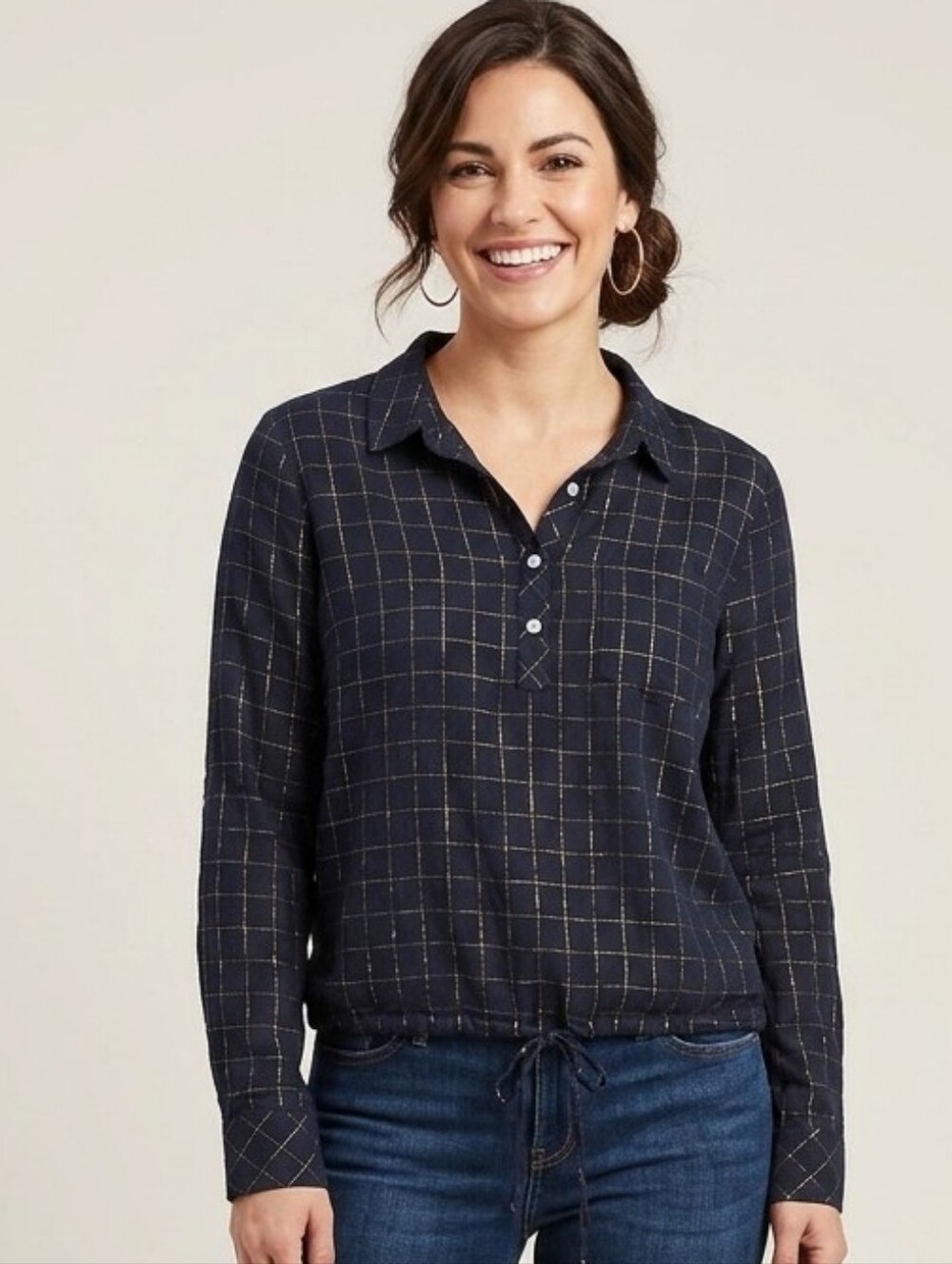Tommy Hilfiger Navy Plaid Button-Up Drawstring Top